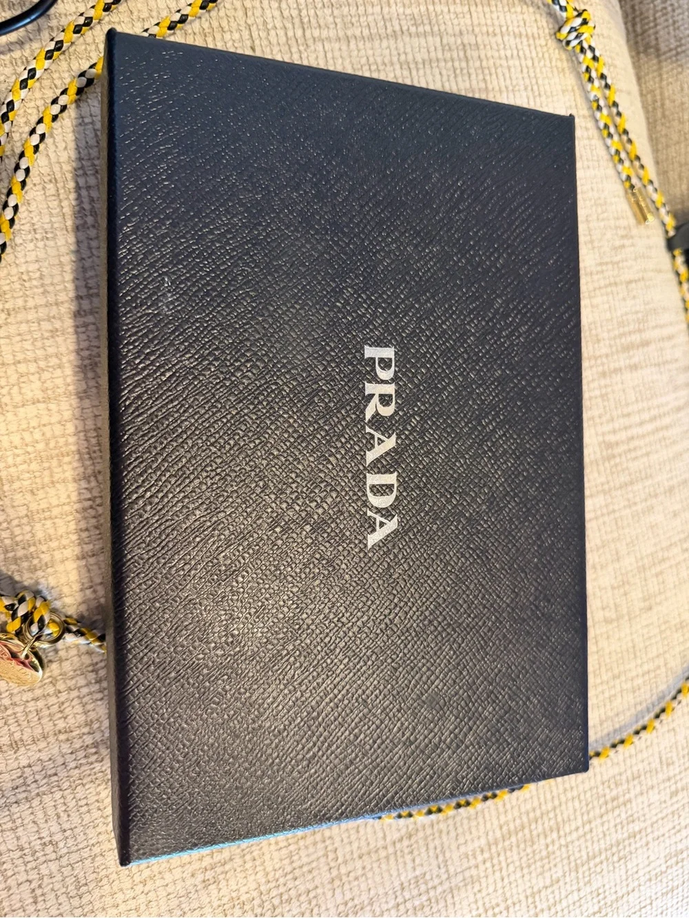 Prada Tan Brown Leather Phone Case with Black Trim and Braided Lanyard